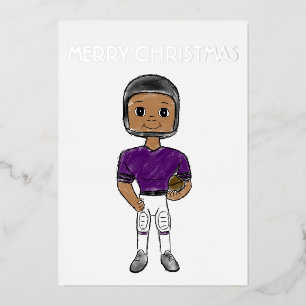 vintage retro football player purple black  simple foil holiday card