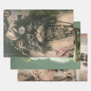 Vintage Retro French Cats Decoupage  Wrapping Paper Sheet