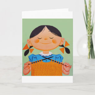 Vintage Retro Girl Knitting Card