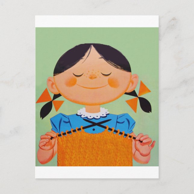 Vintage Retro Girl Knitting Postcard (Front)