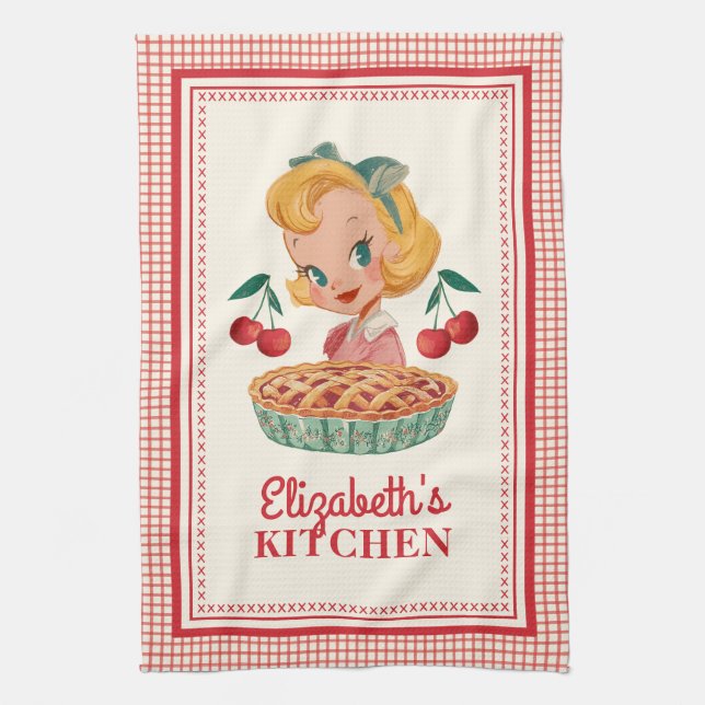 Vintage Retro Girl Red Cherry Gingham Kitchen Towel (Vertical)