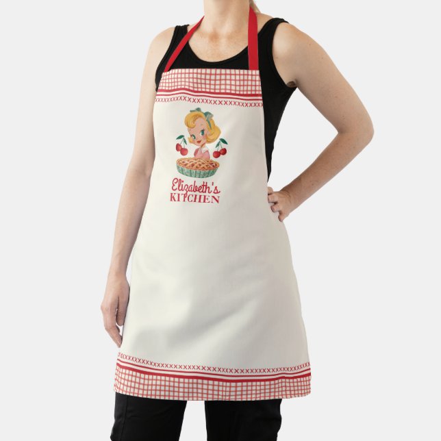 Vintage Retro Girl Red Cherry Pie Gingham Apron (Insitu)