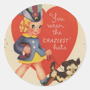 Vintage Retro Girl Walking Puppy Valentine Card Classic Round Sticker