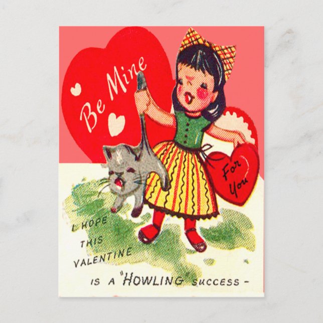 Vintage Retro Girl With Cat Valentine Card (Front)