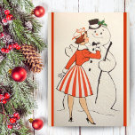 Vintage Retro Girl With Snowman Custom Christmas Holiday Card<br><div class="desc">This fun retro vintage Christmas card features a mid-century young woman straightening the bow tie of a dapper looking snowman.  Personalize by customizing the message inside the card and/or adding your name(s).</div>