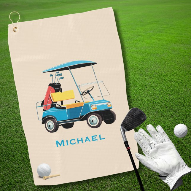 Vintage Retro Golf Cart Cute Blue Monogrammed Towel (Creator Uploaded)