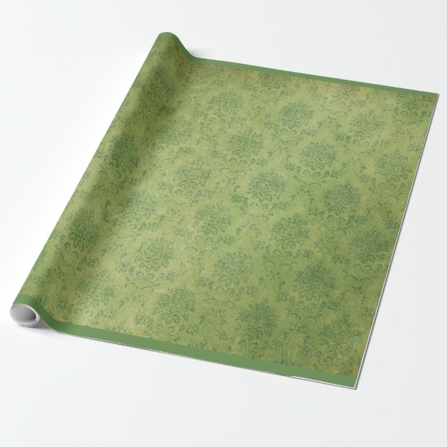 Vintage Retro Green Damask Pattern Wrapping Paper (Unrolled)