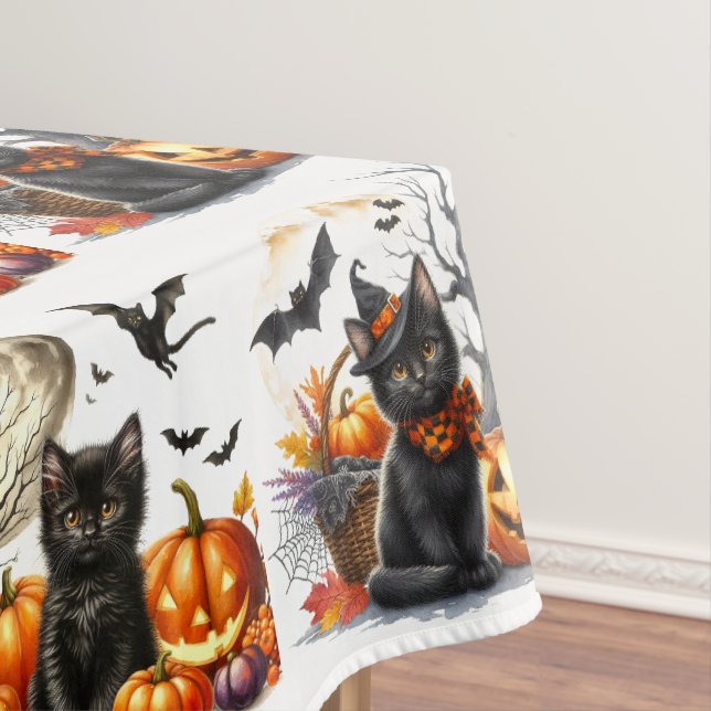 Vintage Retro Halloween Cat and Pumpkin Tablecloth (In Situ)
