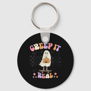 Vintage Retro Halloween Creep it real Ghost Boy Fa Keychain