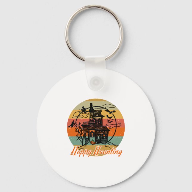 Vintage Retro Halloween Happy Haunting Witches Keychain (Front)