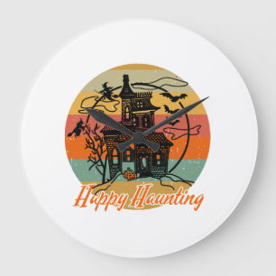 Vintage Retro Halloween Happy Haunting Witches Large Clock