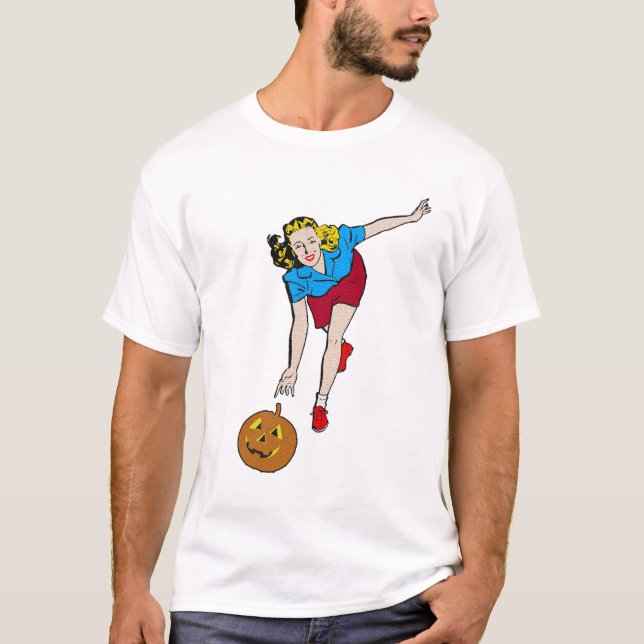 Vintage Retro Halloween Pumpkin Bowling Girl T-Shirt (Front)