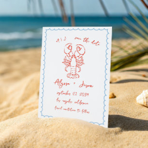 Vintage Retro Handwritten Lobster Red Blue Wedding Save The Date