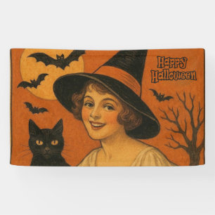 Vintage/retro Happy Halloween witch, cat, pumpkin Banner