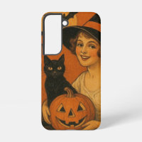 Vintage/retro Happy Halloween witch, cat, pumpkin