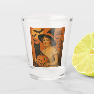 Vintage/retro Happy Halloween witch, cat, pumpkin Shot Glass
