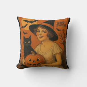Vintage/retro Happy Halloween witch, cat, pumpkin Throw Pillow