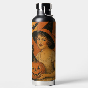 Vintage/retro Happy Halloween witch, cat, pumpkin Water Bottle