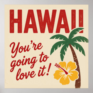Vintage Retro Hawaiian Islands Travel Illustration Poster