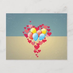 Vintage Retro Hearts Balloons Turquoise Blue Cream Postcard