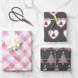 Vintage Retro Hearts Christmas Tree Pink and Grey  Wrapping Paper Sheet
