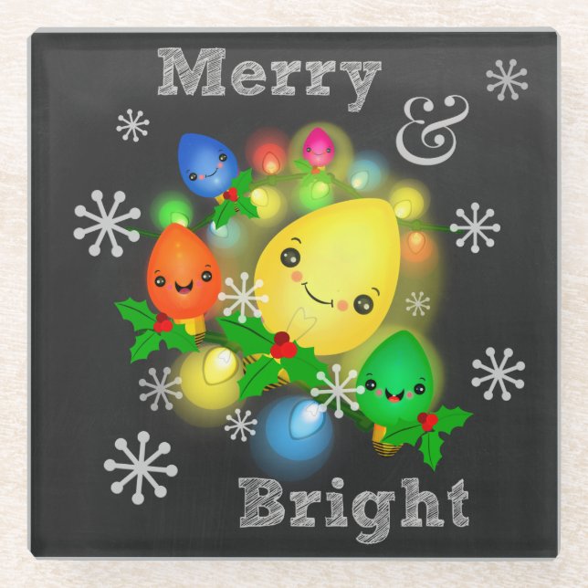 Vintage Retro Kawaii Christmas Lights Glass Coaster (Front)
