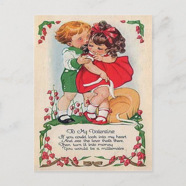 Vintage Retro Kids Hugging Hearts Valentine Card (Front)