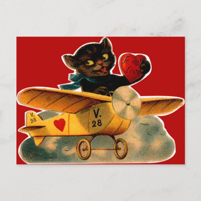 Vintage Retro Kitten In Airplane Valentine Holiday Postcard (Front)