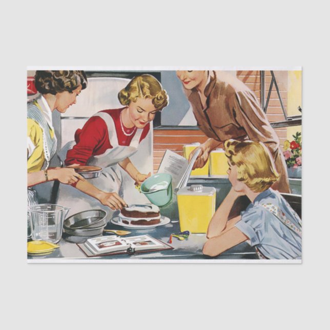 Vintage Retro Ladies Making a Cake Tissue Paper (Front)