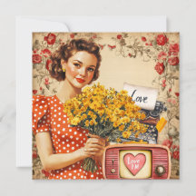 Vintage Retro Lady Valentine Flat Holiday Card