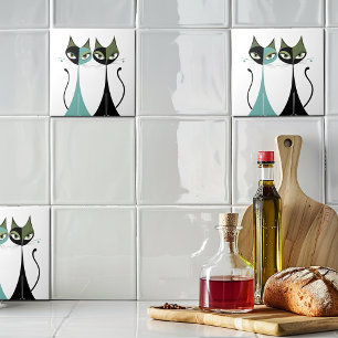 Vintage Retro MCM Cats Turquoise Black Green Tile