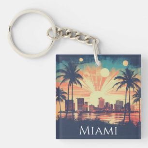 Vintage Retro Miami Florida Sunrise Travel Keychain