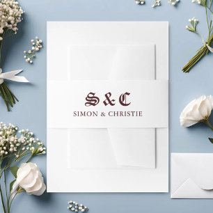 Vintage Retro Minimalist Burgundy White Wedding Invitation Belly Band