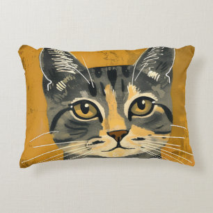 Vintage Retro Minimalist Tabby Cat Portrait Accent Pillow