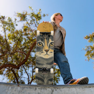 Vintage Retro Minimalist Tabby Cat Portrait Skateboard