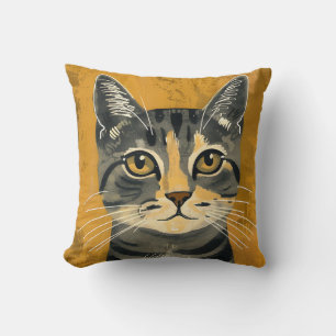 Vintage Retro Minimalist Tabby Cat Portrait Throw Pillow
