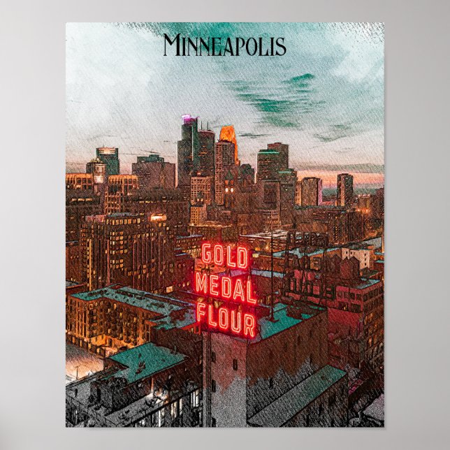 Vintage Retro Minneapolis Minnesota Travel Skyline Poster (Front)
