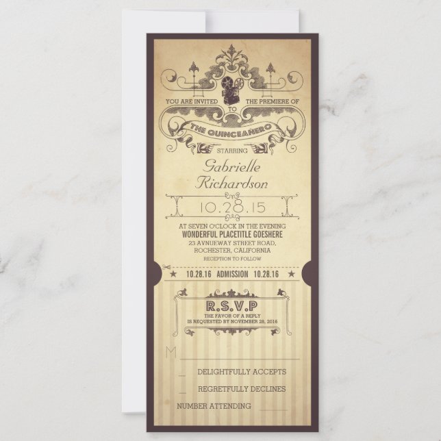 Vintage retro movie tickets THE QUINCEAÑERO invite (Front)