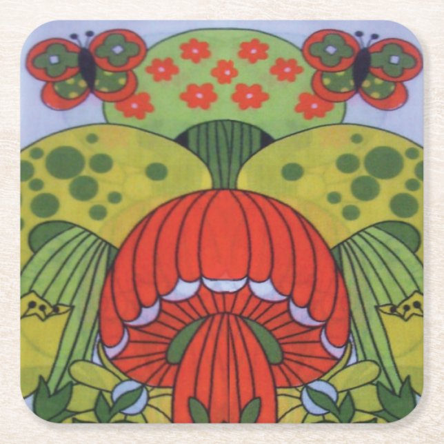 Vintage retro mushroom and butterfly Paper Coaster (Front)