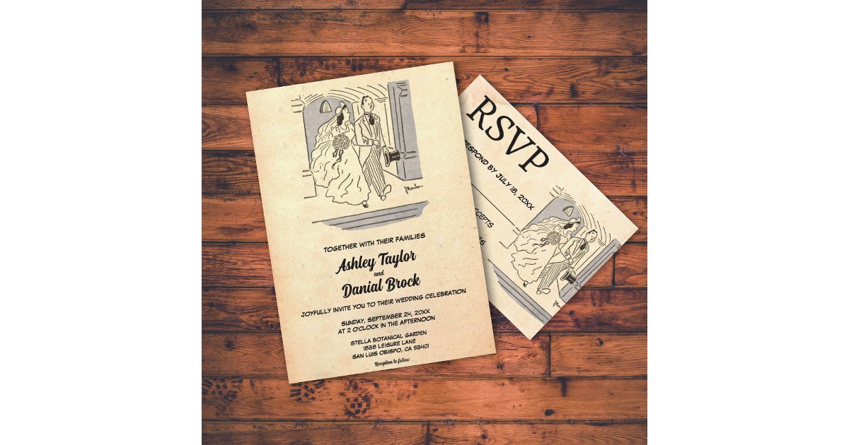 Vintage Retro Old Bride Groom Comic Rustic Wedding Invitation | Zazzle