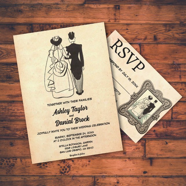 Vintage Retro Old Rustic Romantic Couple Wedding Invitation (Creator Uploaded)