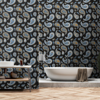 Vintage Retro Orange Blue Yellow Paisley Pattern Wallpaper