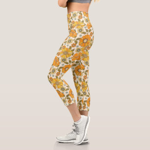 Vintage Retro Orange Floral Pattern Capri Leggings