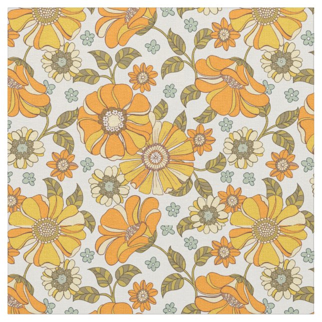 Vintage Retro Orange Floral Pattern Fabric (Close Up)
