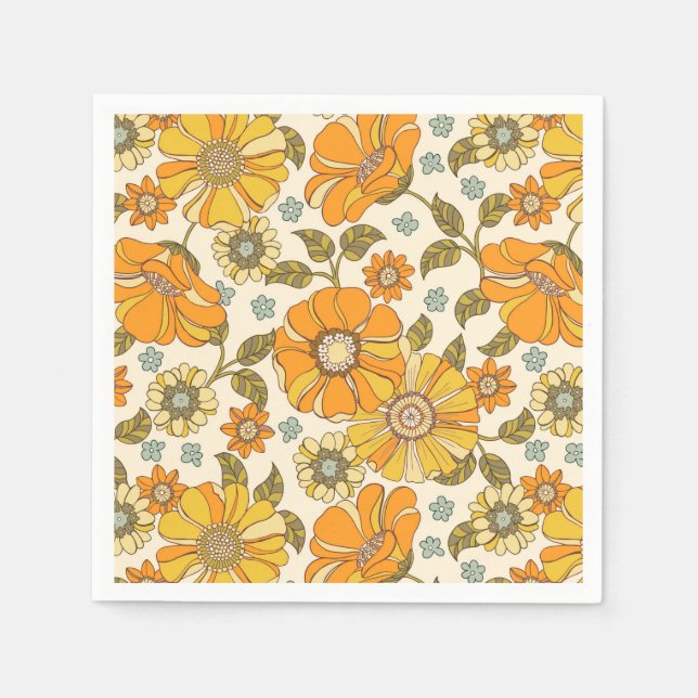 Vintage Retro Orange Floral Pattern Napkin (Front)
