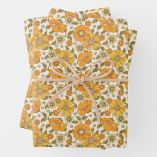 Vintage Retro Orange Floral Pattern Wrapping Paper Sheet