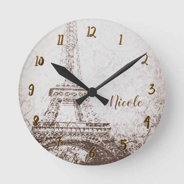 Vintage Retro Paris Eiffel Tower Personalized Round Clock (Front)