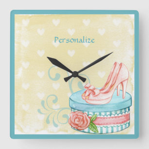 Vintage Retro Pink High Heels & Blue Hat Box Square Wall Clock