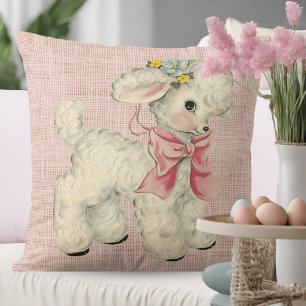 Vintage Retro Pink Linen with Cute Baby Lamb Throw Pillow