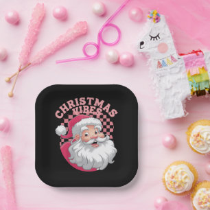 Vintage Retro Pink Santa Christmas Paper Plate